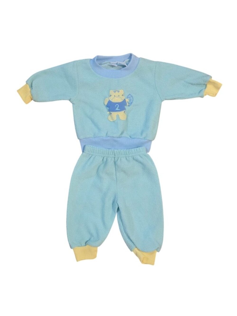 Vintage Baby 2 Piece Jogger Suit Cat Football Player Green Blue Little Miracles